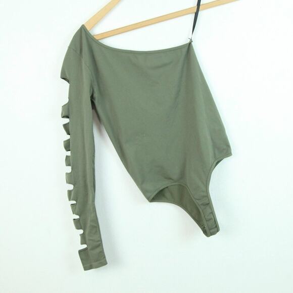 Vintage 90s Y2K Bebe One Sleeve Bodysuit Olive Green Rave Cutout XS S USA - Picture 14 of 14